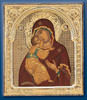 Ікона мальовнича у ризі 24х30 масло, об'ємна риза № 46, золочення, Володимирська Божа Матір