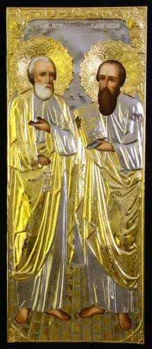 Икона живописная в ризе 50х110 масло, объемная риза №161, золочение, Петр и Павел