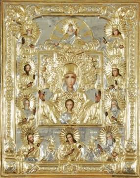 Икона живописная в ризе 75х105 масло, объемная риза №175, золочение, Державная Богородица