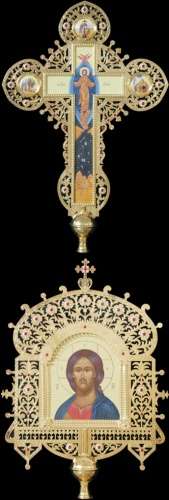 Крест-икона № 43 запрестольная выпиловка гравировка живопись золочение камни