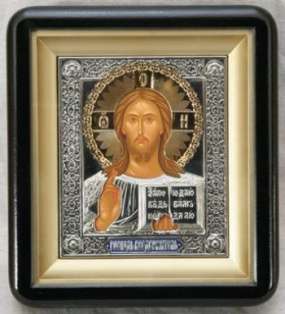 Икона в киоте 11х13 фигурный, темпера, риза, никель, эмаль,Иисус Христос Спаситель