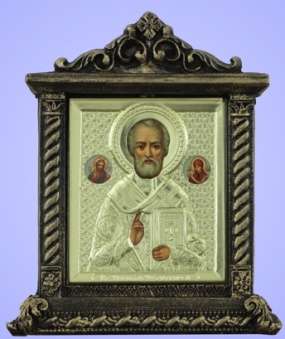 Icon in a riza 6x7 voluminous, in a decorative icon case, desktop, Nicholas the Wonderworker