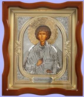 Икона Пантелеимон в киоте 18х24 фигурный №4 темпера, риза объёмная, никель, золочение