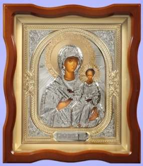 Икона Смоленская Божья матерь Богородица в киоте 18х24 фигурный №4 темпера, риза объёмная, никель, золочение