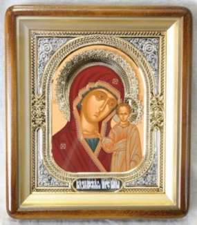 Икона Казанская Божья матерь Богородица в киоте 18х24 фигурный, темпера, венчик, риза-рамка объемная, открытая, золочени