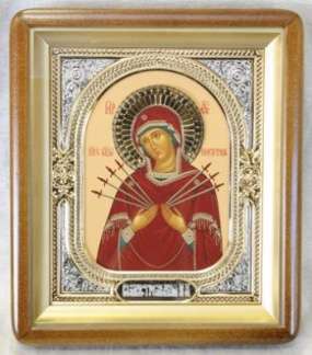 Икона Семистрельная Божья матерь Богородица в киоте 18х24 фигурный, темпера, венчик, риза-рамка объемная, открытая, золочени