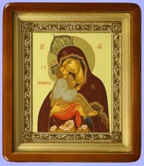 Икона Почаевская Божья матерь Богородица в киоте 18х24 фигурный, темпера, рамка золочёная