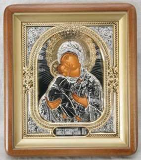 Икона Владимирская Божья матерь Богородица в киоте 18х24 фигурный, темпера, риза объёмная, никель, золочение