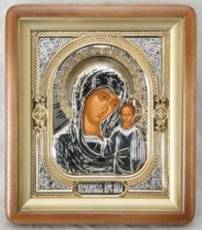 Икона Казанская Божья матерь Богородица в киоте 18х24 фигурный, темпера, риза объёмная, никель, золочение