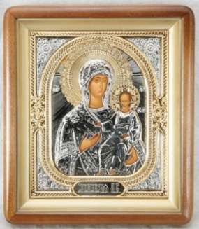 Икона Смоленская Божья матерь Богородица в киоте 18х24 фигурный, темпера, риза объёмная, никель, золочение