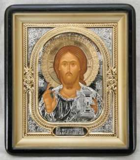 Икона в киоте 18х24 фигурный, темпера, объемная риза, золочение , никелирование,Иисус Христос Спаситель