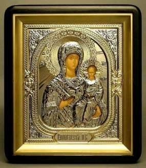 Икона Феодоровская Божья матерь Богородица в киоте 18х24 фигурный, темпера, риза объёмная, никель, золочение