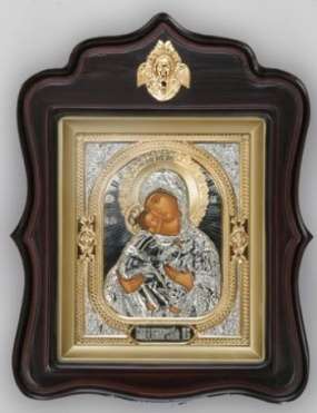Икона Владимирская Божья матерь Богородица в киоте 18х24 фигурный с навершием, темпера, риза объемная, частично золочёная