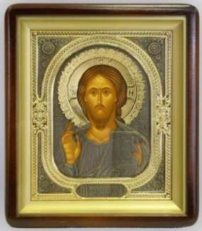 Икона в киоте 18х24 фигурный, темпера, риза комбинированная зол.патин ,Иисус Христос Спаситель