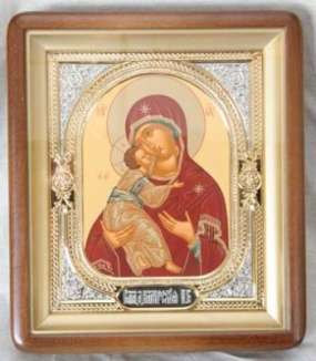 Икона Владимирская Божья матерь Богородица в киоте 18х24 фигурный, темпера, риза-рамка объемная, открытая, золочёная, никелирование