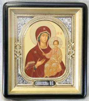 Икона Смоленская Божья матерь Богородица в киоте 18х24 фигурный, темпера, риза-рамка объемная, открытая, золочёная, никелирование
