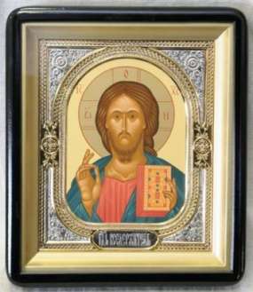 Икона в киоте 18х24 фигурный, темпера, риза-рамка объемная, открытая, золочёная, никелирование,Иисус Христос Спаситель
