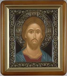Икона в киоте 18х24 фигурный, темпера, риза патинированая,Иисус Христос Спаситель