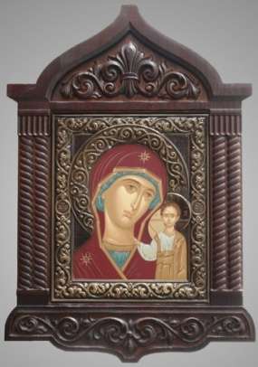 Икона в киоте 18х24 открытый с навершием, темпера, риза патинированая,Казанской Божьей матери, икона Богородицы
