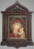 Εικονίδιο σε εικονική θήκη 18x24 ανοιχτό με επάνω, τέμπερα, πατιναρισμένη ρόμπα, Καζάν Μητέρα του Θεού, εικόνα της Παναγίας
