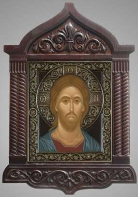 Икона в киоте 18х24 открытый с навершием, темпера, риза патинированая,Иисус Христос Спаситель