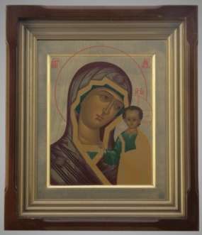 Икона Казанская Божья матерь Богородица в киоте 31х36 сложный, темпера, поталь