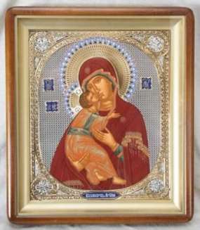 Икона Владимирская Божья матерь Богородица в киоте 24х30 фигурный, темпера, риза объемная, открытая, золочение, эмаль