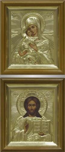 Икона Иисус Христос Спаситель-Владимирская Божья матерь Богородица в киоте 11х13 риза объемная
