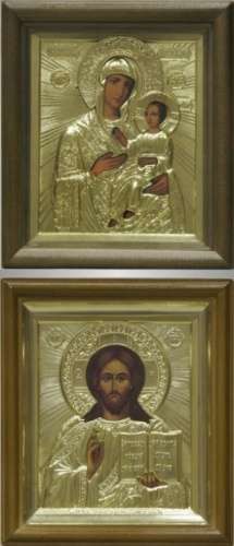 Икона Иисус Христос Спаситель-Иверская Божья матерь Богородица в киоте 11х13 риза объемная