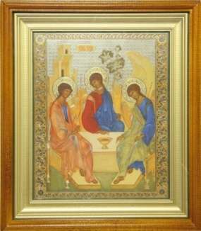Икона Троица Рублевская в киоте 11х13 сложный, двойное тиснение