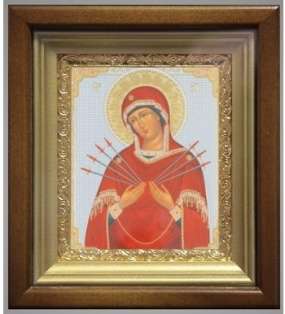 Икона Семистрельная Божья матерь Богородица в киоте 11х13 сложный, двойное тиснение, рамка золочёная