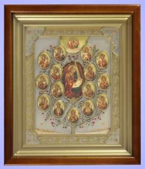 Икона Древо Богородицы в киоте 18х24 сложный, двойное тиснение, накладка аэрозольная