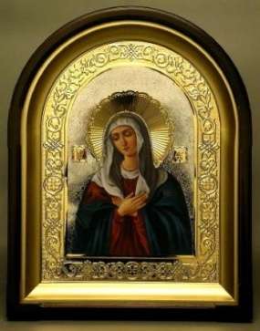 Икона Умиление Божья матерь Богородица в киоте 24х30 сложный, арочный, фото, риза объемная, открытая, золочение