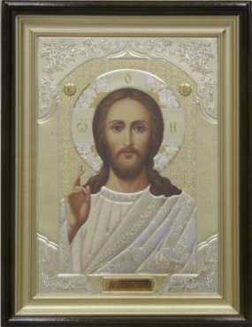 Икона Иисус Христос Спаситель 2 в киоте 24х30 сложный, конгрев
