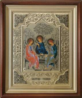 Икона Троица Рублевская в киоте 24х30 сложный, конгрев, с частицей святой земли в мощевике