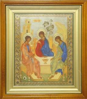 Икона Троица Рублевская в киоте 40х50 сложный, двойное тиснение, с частицей святой земли в мощевике