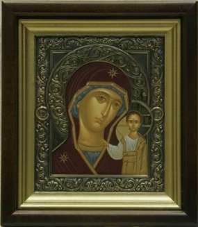 Икона в киоте №2 12х14 сложный, темпера, риза патенированая,Казанской Божьей матери, икона Богородицы