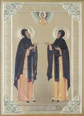 Икона Петр и Феврония в деревянной рамке 24х30 конгрев
