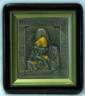 Икона Владимирская Божья матерь Богородица в киоте 11х13 фигурный, темпера, риза патинированая