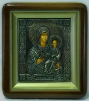 Икона Смоленская Божья матерь Богородица в киоте 11х13 фигурный, темпера, риза патинированая
