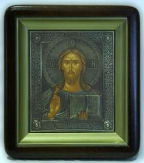 Икона в киоте 11х13 фигурный, темпера, риза патенированая,Иисус Христос Спаситель славянская