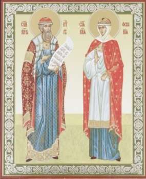 Икона Петр и Феврония 3 в деревянной рамке №1 11х13 двойное тиснение