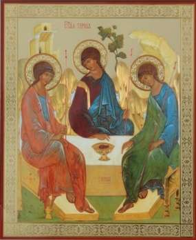 Икона Троица Рублевская Оптинский на оргалите №1 18х24 двойное тиснение, аннотация