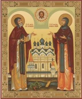 The icon on a wooden tablet 11х13 double embossing,Peter and Fevronia in the temple Church under the old