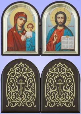 The icon in the plastic frame Triptych 9x12 double arched frame brass plated,Jesus Christ the Savior Kazan mother of God, icon of the virgin