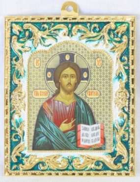 Icon in a metal frame 6x7.Figure 5, embossing, on stand, enamel, gilding ,Jesus Christ the Savior