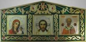 Ікона в металевій рамці трійник на липкій стрічці, латунь, емаль,Ісус Христос Спаситель Матрона Микола Чудотворець