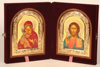 The triptych in box 18x24 velvet, tempera on panel, arched frame and the halo is gilded,Jesus Christ the Savior of the Vladimir mother of God, icon of the virgin