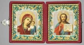 The triptych in box 6x7 zafiro, braces, frame, gilding , enamel,Jesus Christ the Savior Kazan mother of God, icon of the virgin