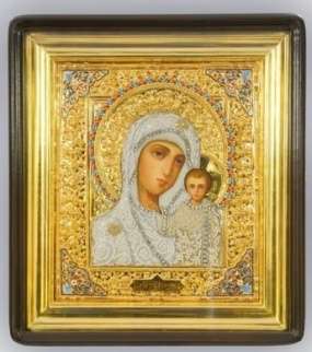 Icon picturesque in Kyoto 24х30 oil, bulk Reese № 1 with gilding , pearls, enamel and gilded frame,the Kazan mother of God, icon of the virgin